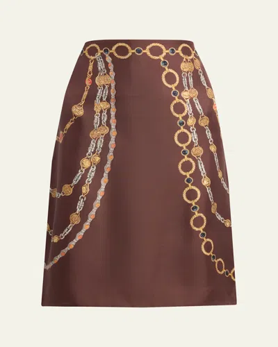 Versace Printed Silk-twill Knee-length Skirt In Brown