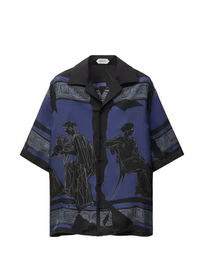 Versace Printed Silk Twill Regular Shirt In Blue