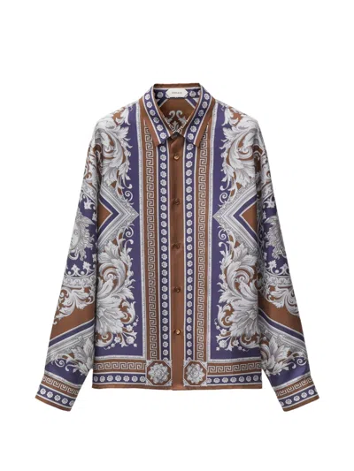 Versace Printed Silk Twill Regular Shirt In Blue