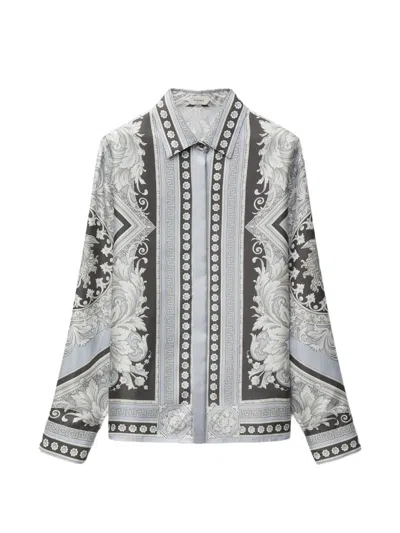 Versace Printed Silk Twill Shirt In 그레이