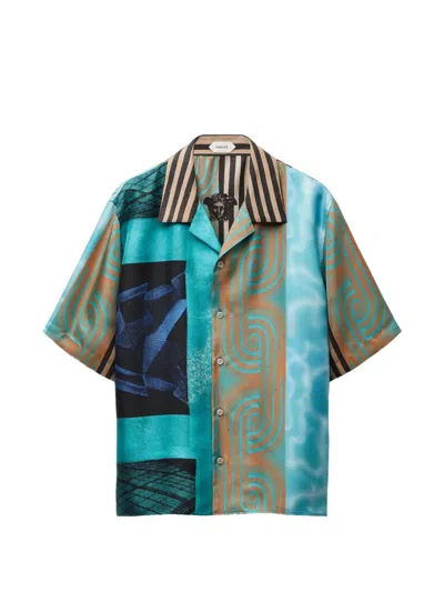 Versace Printed Silk Twill Shirt In Brown