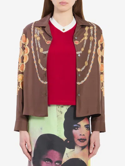 Versace Camicia In Twill Di Seta Stampata In Brown