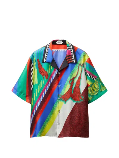 Versace Printed Silk Twill Shirt In Gray