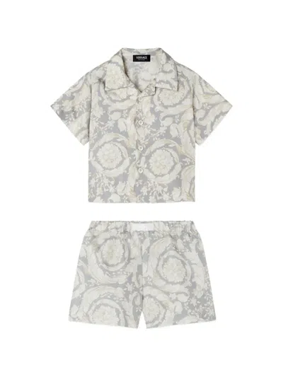 Versace Babies' Printed Silk Twill Shirt Set In Gray