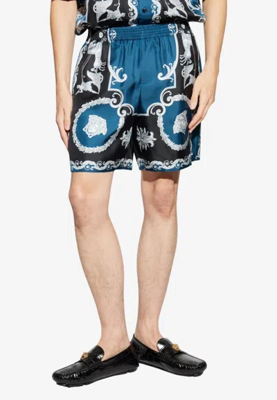Versace Printed Silk Twill Shorts In Blue