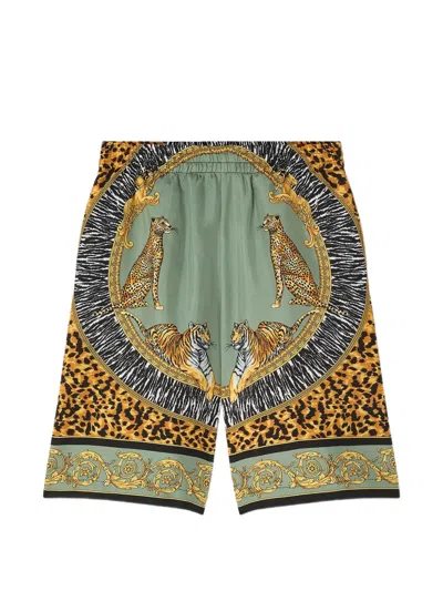 Versace Kids' Printed Silk Twill Shorts In Green