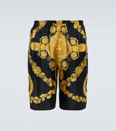 Versace Printed Silk Twill Shorts In Nero+oro