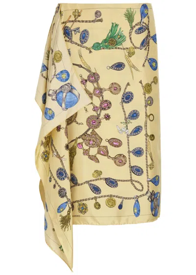 Versace Printed Silk-twill Midi Skirt In Yellow