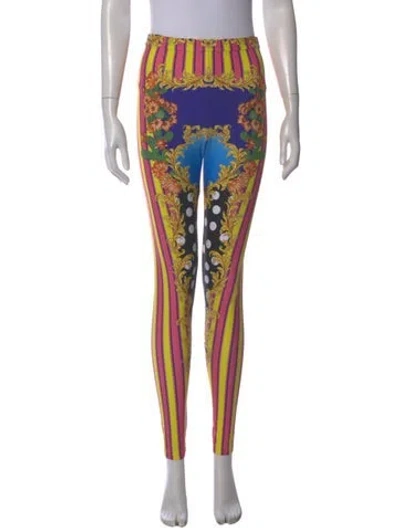 Pre-owned Versace Printed Skinny Leg Pants In Yellow