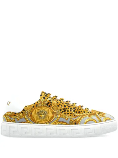 Versace Gold-tone Animal Print Baroque Sneakers In Yellow
