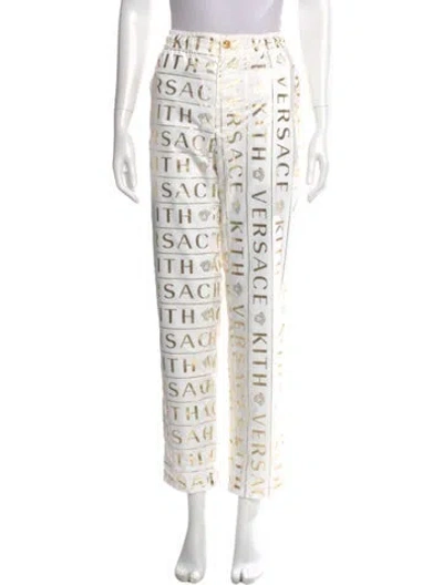 Pre-owned Versace Printed Straight Leg Pants In White