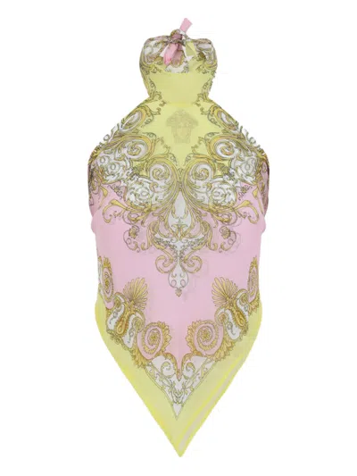 Versace Multicolor Sleeveless Top With Halterneck And All-over Print In Tech Fabric Woman