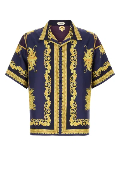 Versace Printed Twill Shirt In Blue