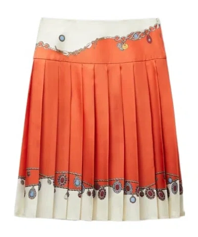 Versace Printed Twill Silk Midi Skirt In Orange