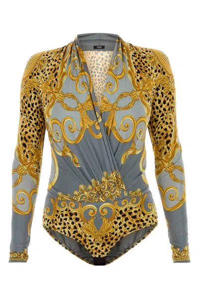 Versace Printed Viscose Bodysuit In Brown