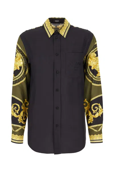 Versace Printed Viscose Shirt In Black Dark Olive Gold
