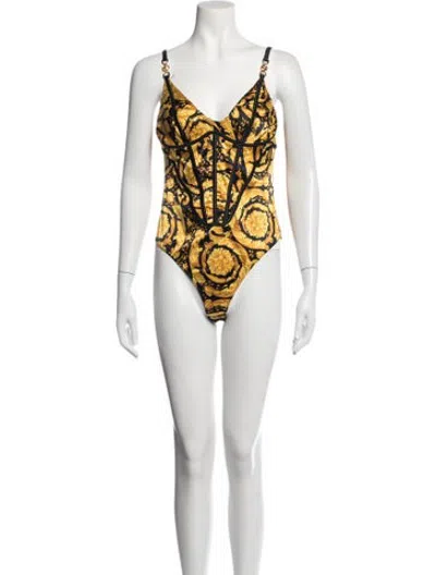 Pre-owned Versace Printed V-neck Bodysuit In Black
