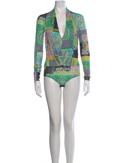 Pre-owned Versace Printed V-neck Bodysuit In Green