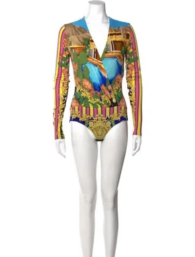 Pre-owned Versace Printed V-neck Bodysuit In Multicolor