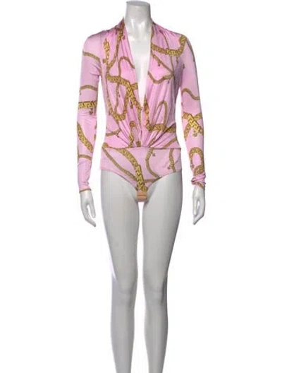 Pre-owned Versace Printed V-neck Bodysuit W/ Tags In Pink