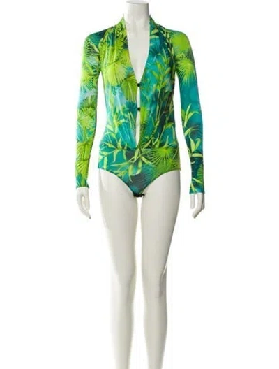 Pre-owned Versace Printed V-neck Sweater In Green
