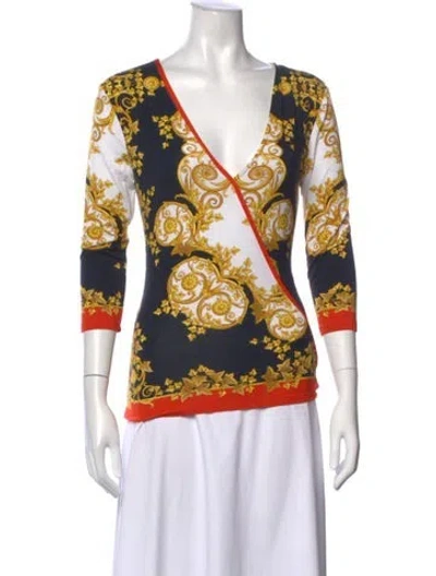 Pre-owned Versace Printed V-neck Top In Orange