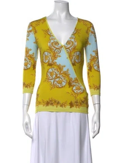 Pre-owned Versace Printed V-neck Top In Yellow
