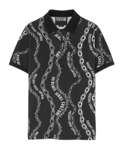 Versace Printed Zipper Polo Shirt In Black