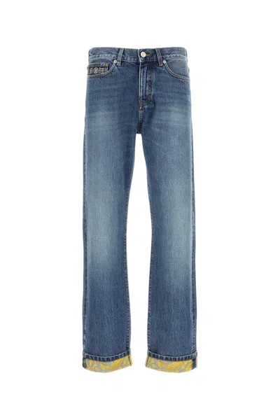 Versace Printed-cuff Denim Jeans In Blue