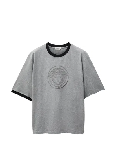 Versace Printed-logo Cotton Jersey T-shirt In Gray
