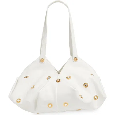 Versace Protea Crystal Stud Leather Shoulder Bag In Porcelain White Gold