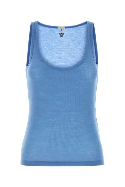 Versace Pure Virgin Wool Tank Top In Light Blue