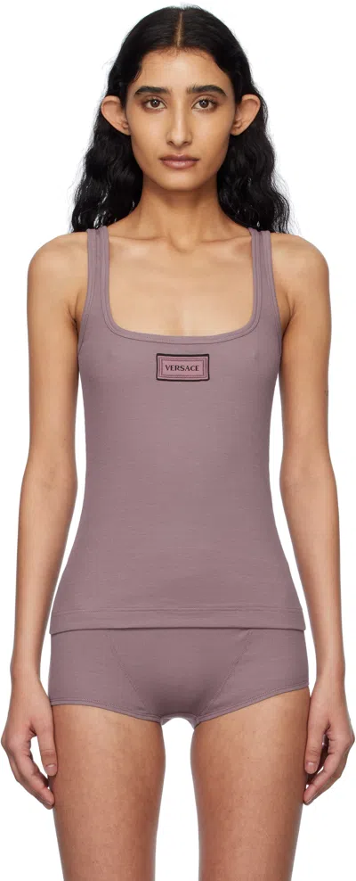 Versace Purple 90s Vintage Logo Ribbed Tank Top In 1lh90-dusty Lilac