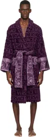 Versace Logo-print Belted Bathrobe In Purple