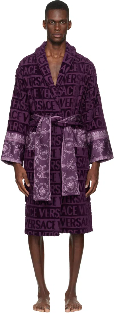 Versace Logo-print Belted Bathrobe In Black