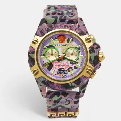 Pre-owned Versace Purple Icon Chrono Active Ve27 Lilac Leopard Print Unisex Wristwatch 44mm