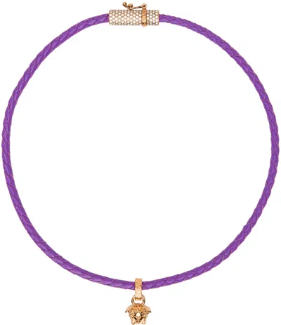 Versace Purple Leather Crystal Medusa Necklace In 1l91v-dark Orchid- G