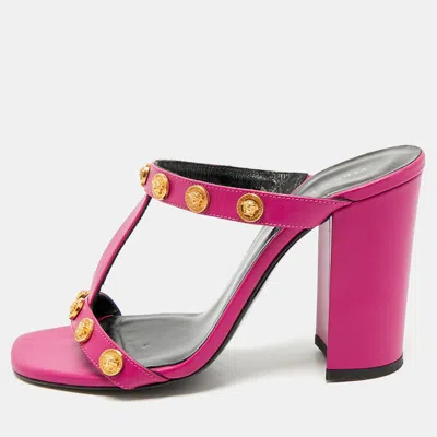 Pre-owned Versace Purple Leather Medusa Embellished Sandals Size 37