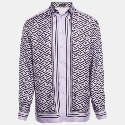 Pre-owned Versace Purple Logo Print Silk Heritage Fit Shirt M