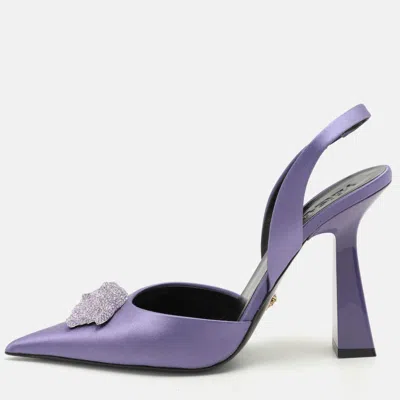 Pre-owned Versace Purple Satin Crystal Embellished La Medusa Slingback Pumps Size 41