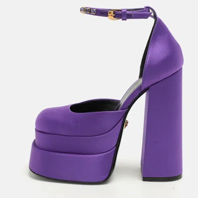 Pre-owned Versace Purple Satin Medusa Aevitas Double Platform Pumps Size 36 In Black