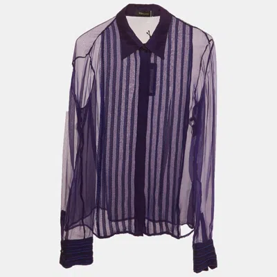 Pre-owned Versace Purple Sheer Silk Chiffon Embroidered Pin Tuck Shirt L