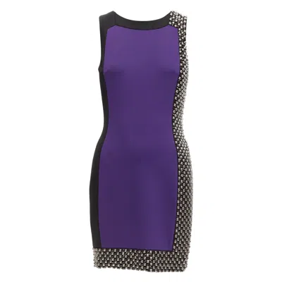Pre-owned Versace Purple Silk Blend Silver Studs Colorblock Mod Shift Dress It42 M