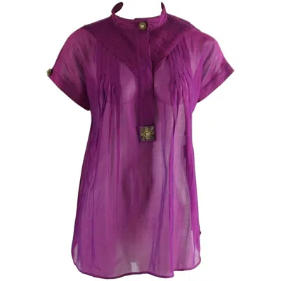 Pre-owned Versace Purple Silk Organza Short Sleeve Top With Stone Detailing – 38