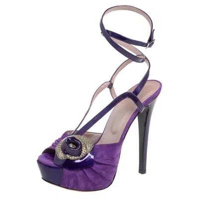 Versace Purple Suede And Patent Leather Platform Ankle Strap Sandals
