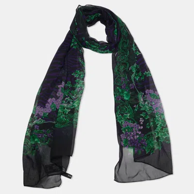 Versace Purple/green Floral Print Silk Scarf In Multi