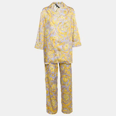 Pre-owned Versace Purple/yellow Barocco Baroque Print Silk Shirt And Pants Set Xs