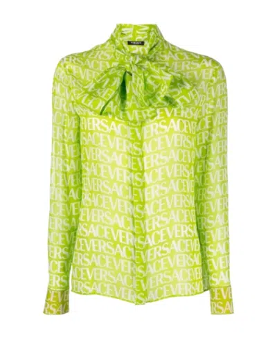 Versace Pussy-bow Logo-print Blouse In Yellow