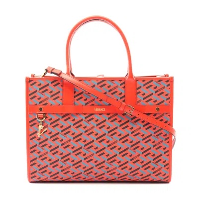 Versace Pvc Coated Canvas Leather Tote Bag In Red