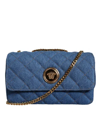 Versace Quilted Leather Crossbody Shoulder Women's Bag In Blue